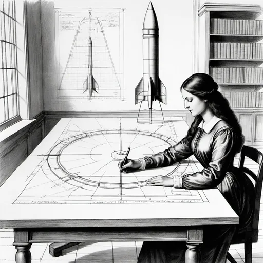 Prompt: drawing of a woman drawing a blueprint as she is working as  an Aerospace Engineer designing a rocket in an office ,Renaissance, Leonardo da Vinci,