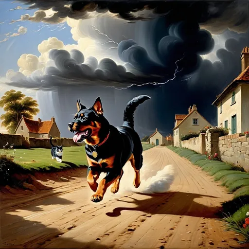 Prompt: a  painting of a scene from a cat seeing himself  in a dream,
chasing a very large rottweiler running away from the cat on a dirt road with a house in the background and a storm cloud in the sky,
Augustus Edwin Mulready, 
oil painting,
UHD,
64K