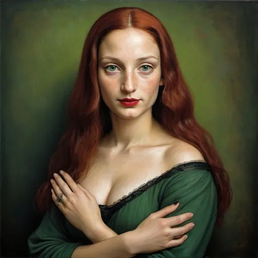 Prompt: portrait painting, Mona Lisa,  folded hands in lap, dark freckle, red hair, green eyes, red lipstick,
