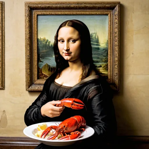 Prompt: The Mona Lisa eating lobster.
