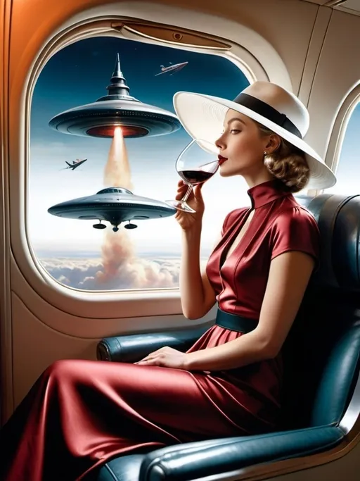 Prompt: a 21-year-old woman in a long flower print Empire Dress with a high neck line and white hat  sitting on an airplane seat with a hat on her head, drinking red wine, and an attacking UFO in the night shy in in the background with a window, Annie Leibovitz, precisionism, promotional image, an art deco painting