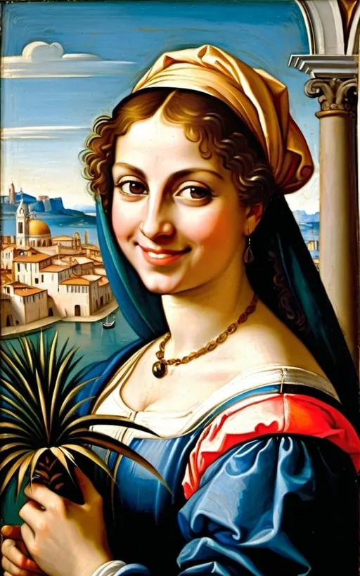Prompt: a painting of a woman holding a palm tree in her hand and smiling at the camera with a city in the background, Fra Bartolomeo, mannerism, renaissance oil painting, a fine art painting