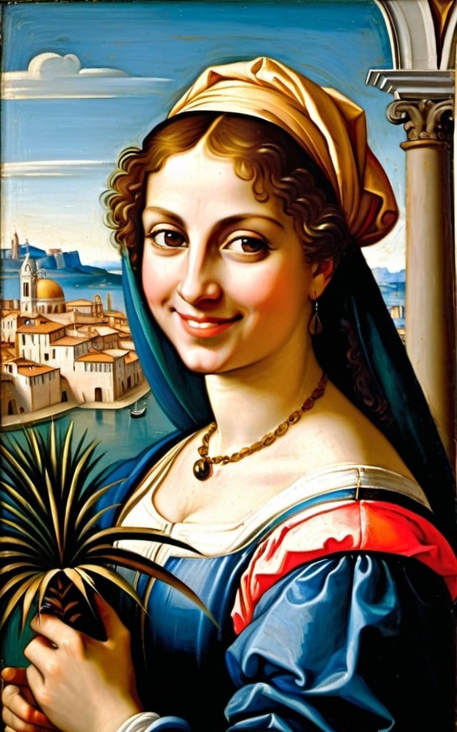 Prompt: a painting of a woman holding a palm tree in her hand and smiling at the camera with a city in the background, Fra Bartolomeo, mannerism, renaissance oil painting, a fine art painting