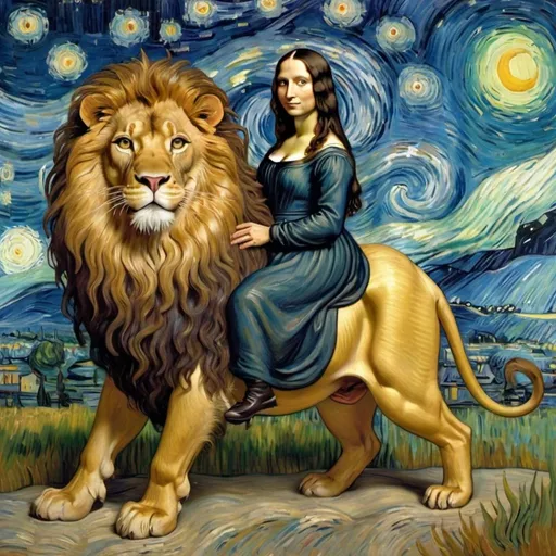 Prompt: Mona Lisa riding a Lion  in  "The Starry Night" by Vincent van Gogh