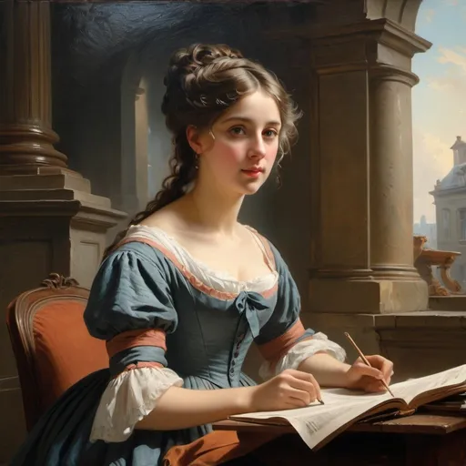 Prompt: Create a UHD, 64K, professional oil painting in the style of Hubert Robert, Romanticism, depict the fictional character depict the fictional character Lucie Manette  (by Charles Dickens, 1859)