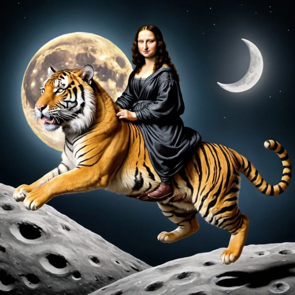 Prompt: Mona Lisa riding a Tiger that is jumping over the Moon.