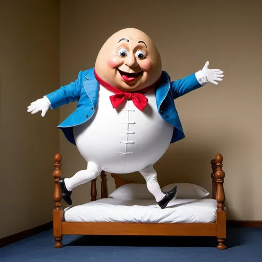 Prompt: Humpty Dumpty jumping on a bed

