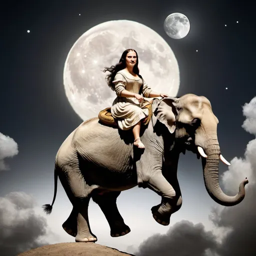 Prompt: Mona Lisa riding a elephant that is jumping over the Moon.