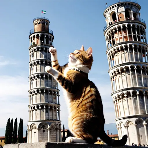 Prompt: a cat knocking over "the leaning tower of pisa"