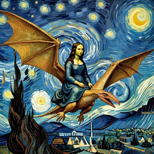 Prompt: Mona Lisa riding a Pterodactyl  in  "The Starry Night" by Vincent van Gogh