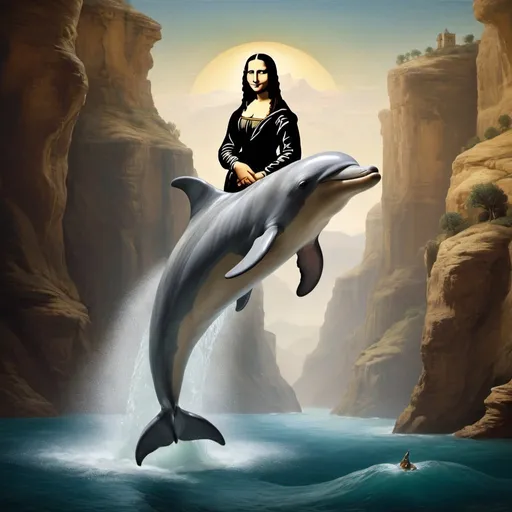 Prompt: Mona Lisa riding a dolphin that is jumping over a canyon.