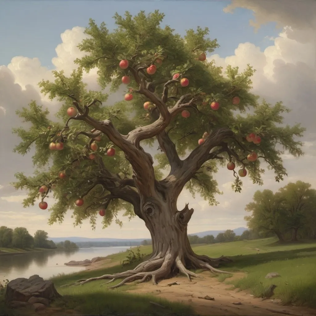 Prompt: Create a UHD, 64K, professional oil painting, Hudson River School, scene painting, Depict "The old apple tree, gnarled and bent, still bore fruit, a testament to its enduring strength and resilience."