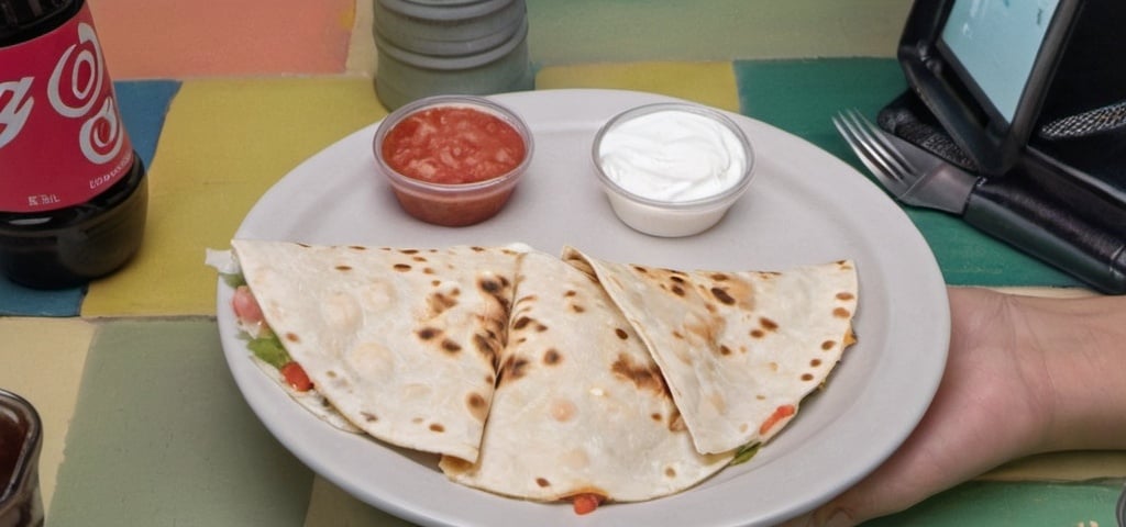 Prompt: a plate with a  shrimp quesadilla, a small containers with lid of salsa,  a small containers with lid of sure cream, and  bottle of soda on the table, Steven M. Tilley, superflat, product photo, a pastel