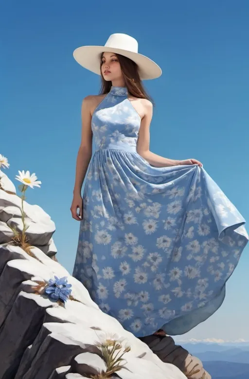 Prompt: a  ((a 21-year-old woman in a long flower print Empire Dress with a high neck line and white hat)) standing on top of a mountain with a blue sky in the background, Ella Guru, symbolism, giantess art, an album cover