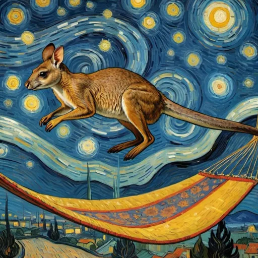 Prompt: A wallaby flying on a "magic carpet" in "The Starry Night" by Vincent van Gogh