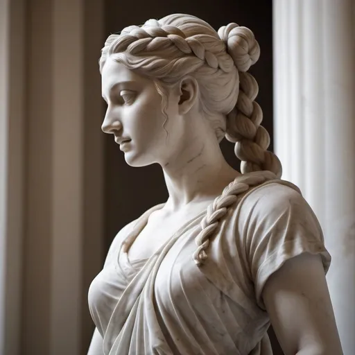 Prompt: Marble statue of beautiful 25-year-old woman, long hair in a French braid,   thick long  cotton dress with a high neck line, high quality, classical sculpture, ancient Greek, detailed features, white marble, elegant pose, graceful, soft lighting, traditional, historical, realistic details, classical art, serene expression, lifelike, smooth curves, goddess-like, ancient beauty, classical, sophisticated, traditional sculpture, elegant, natural lighting