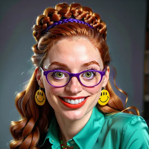 Prompt: 25-year-old woman with earrings 1970s smiley face yellow, green eyes. cover with dark freckle. long ginger hair ginger in a French braid. wearing lipstick red. broad rimmed eyeglasses purple .  yellow blouse, blue  slacks, photo, professional photo. Studio lighting, backlit, realistic lighting. hdr uhd 8k ultra-realistic render, 