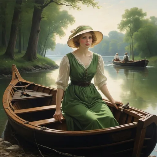 Prompt: Create a UHD, 64K, professional oil painting in the style of Carl Heinrich Bloch, blending the American Barbizon School and Flemish Baroque influences. Depict the theme from lines from literature "So we beat on, boats against the current, borne back ceaselessly into the past. Gatsby believed in the green light, the orgastic future that year by year recedes before us. It eluded us then, but that’s no matter—tomorrow we will run faster, stretch out our arms farther. . . . And one fine morning— So we beat on, boats against the current, borne back ceaselessly into the past."