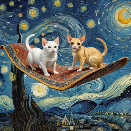 Prompt: A dog, cat, and mouse  flying on a "magic carpet" in "The Starry Night" by Vincent van Gogh