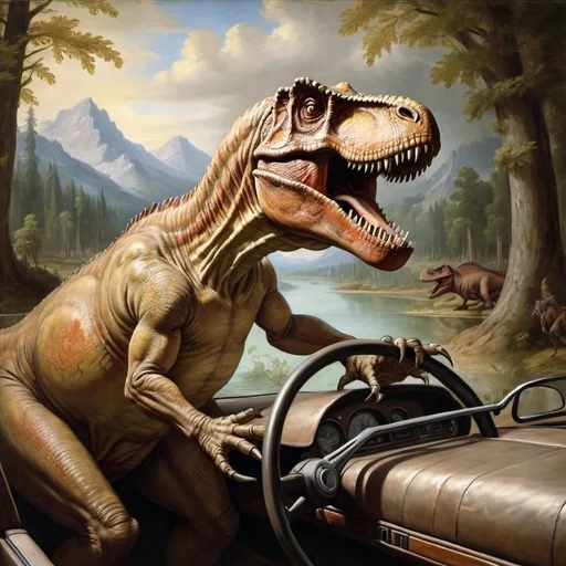 Prompt: [tyrannosaurus is driving a convertible with its hands on the steering wheel] academic art, renaissance oil painting, a painting