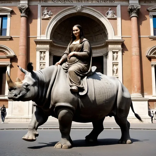 Prompt: Mona Lisa riding a Rhinoceros in  the City of Rome