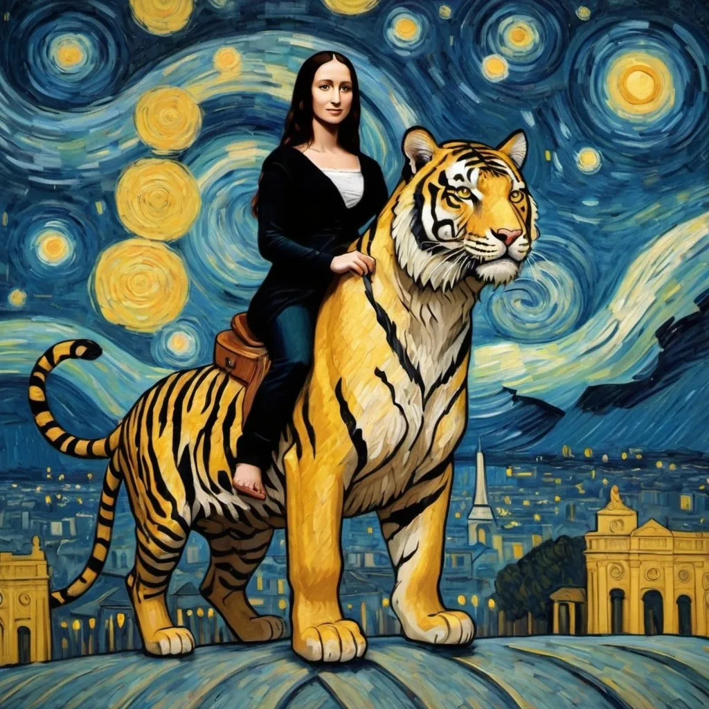 Prompt: Mona Lisa riding a tiger through the Arc de Triomphe in the style of "The Starry Night" by Vincent van Gogh