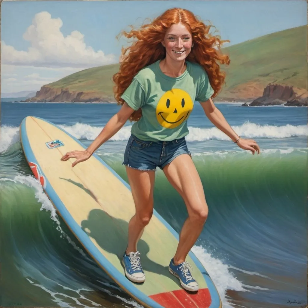 Prompt: a full-length portrait painting, Helen of Troy, 
standing riding a surfboard  going for the tube
cover with dark freckle,
green eyes, 
long ginger hair
a smile on her face, 
smiley-face  t-shirt, 
long blue jean,
red and blue tennis shoes,
1970s oil painting,

