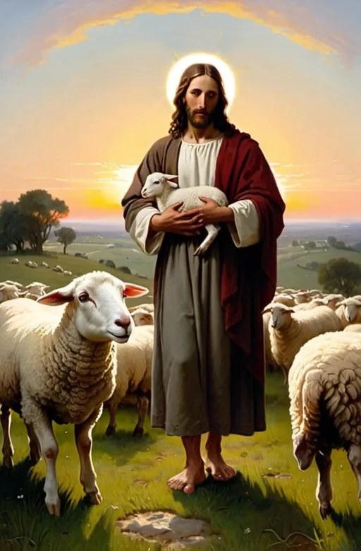 Prompt: a painting of Jesus with halo holding a lamb with both hands in a field of sheep with a sunset in the background and a shepherd in the foreground, Carl Heinrich Bloch, american barbizon school, bouguereau, a pointillism painting