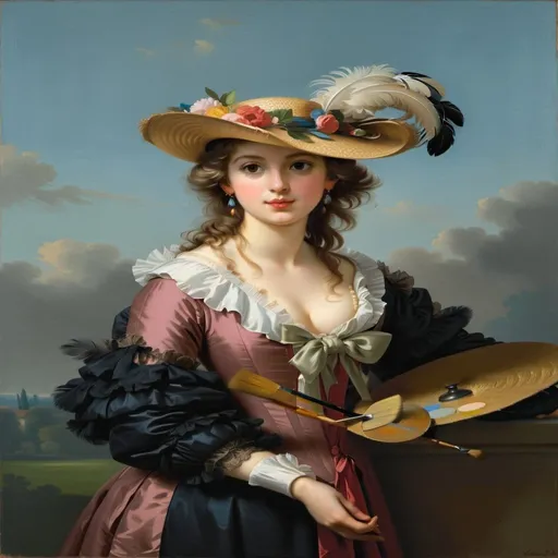 Prompt: Self-portrait in a Straw Hat (French: Autoportrait au chapeau de paille, Dutch: Zelfportret met strohoed) is a self-portrait by the French painter Élisabeth Vigée Le Brun, painted after 1782, in oil on linen, measuring 97.8 by 70.5 centimetres. It has belonged to the collection of the National Gallery in London since 1897.(wikipedia)

Step into the elegant world of Élisabeth Vigée Le Brun's Rococo masterpiece, 'Self-portrait in a Straw Hat,' and reimagine the artist herself as she presents her craft with grace and poise.

Capture the essence of Vigée Le Brun's self-portrait as you depict a charming woman in a feathered hat holding a thin, flat wooden painter's palette adorned with dollops of paint.

Let the soft, flattering style of Vigée Le Brun's painting guide your brushstrokes, as you convey the natural simplicity and modernity of the artist's pose and appearance.

Explore the interplay of light and shadow, paying close attention to the effect of light on the subject's neck and décolleté, and the subtle nuances of expression in her  eyes, delicate nose, and thin lips.

Consider the symbolism of the artist's attire and accessories, from her fashionable 'a la grècque' clothing to her flamboyant straw hat adorned with flowers and ostrich feathers, and the palette and brushes that signify her profession as a painter.

Invite viewers to journey back in time to the Rococo era, where they can immerse themselves in the elegance and sophistication of Vigée Le Brun's world, and appreciate the innovative and modern spirit of her self-portrait.

Whether you choose to work with traditional painting techniques or explore digital mediums, let your creativity soar as you breathe new life into this timeless masterpiece, and pay homage to one of the most celebrated artists of the 18th century." (chatgpt)