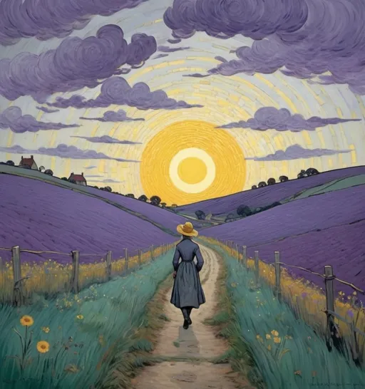 Prompt: I’ll tell you how the sun rose, — 
A ribbon at a time. 
The steeples swam in amethyst, 
The news like squirrels ran. 
The hills untied their bonnets, 
The bobolinks begun. 
Then I said softly to myself, 
“That must have been the sun!” 
But how he set, I know not. 
There seemed a purple stile 
Which little yellow boys and girls 
Were climbing all the while 
Till when they reached the other side, A dominie in gray 
Put gently up the evening bars, 
And led the flock away.

 A Day (1891) Emily Dickinson 1830 –1886

in the style of  Vincent van Gogh
