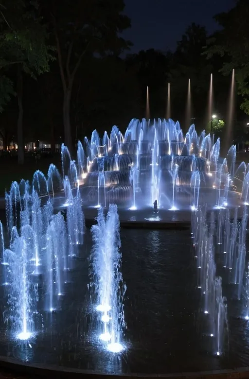 Prompt: a large fountain of water with lights on it's sides at night time in a park area.   kinetic art, volumetric lights, an abstract sculpture