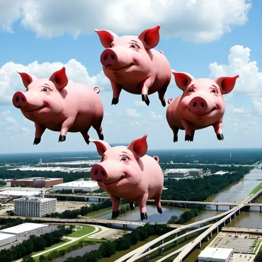 Prompt: three pigs flying over baton rouge 
