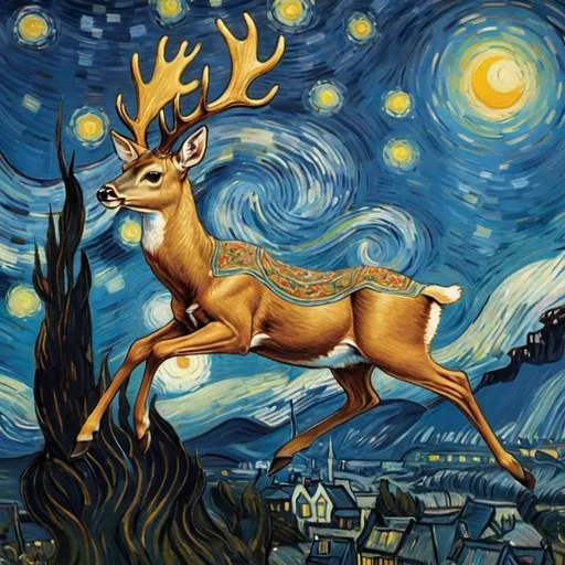 Prompt: A deer  flying on a "magic carpet" in "The Starry Night" by Vincent van Gogh