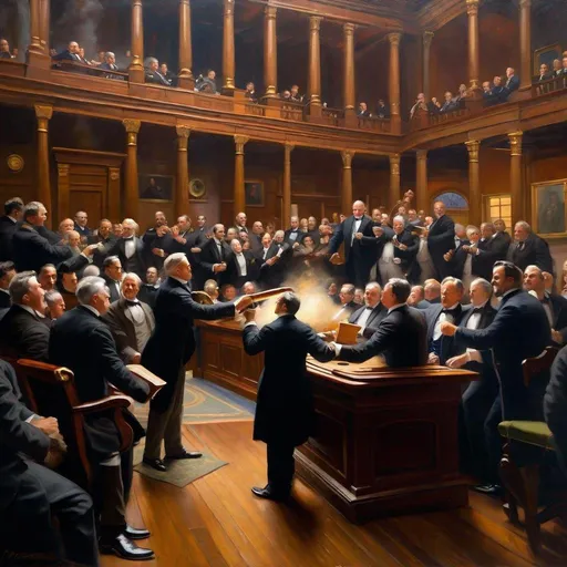 Prompt: Create an oil painting set in the year 1890, capturing the moment when members of a state house of representatives are celebrating the end of their biannual session. The Speaker of the House is striking the gavel, declaring the House adjourned "sine die." The scene is filled with the atmosphere of relief and jubilation.

In the painting, the Speaker stands at the front, mid-motion, as he strikes the gavel on the wooden podium. The representatives, dressed in period-appropriate attire of the late 19th century, are reacting with joy, clapping, shaking hands, and some even throwing their hats in the air. The grand hall is adorned with elaborate woodwork, chandeliers, and large windows allowing natural light to flood in. The walls are lined with portraits of notable figures and flags, adding to the historic and celebratory ambiance