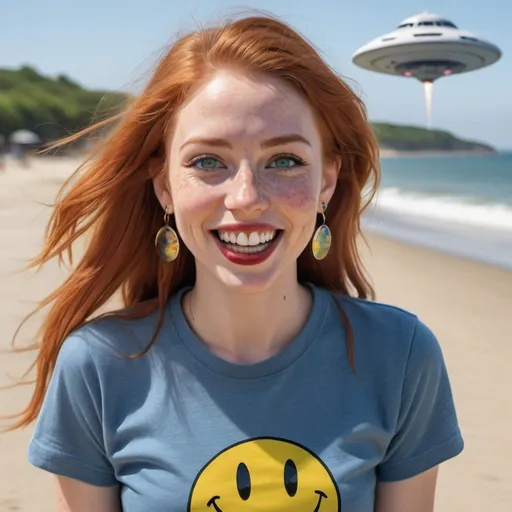 Prompt: photorealistic portrait of a [(27 year-old woman),  (cover with dark freckle), (green eyes), (long ginger hair), (red lipstick), (a smile on her face), (earrings with a smiley face on it's earring hooks), (smiley-face t-shirt), (long blue jean), (red and blue tennis shoes),]on the beach, looking very excited at an ufo