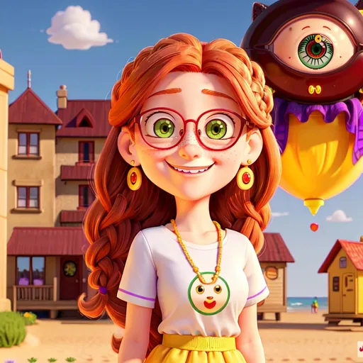 Prompt: photo 

25-year-old woman, green eyes. cover with dark freckle. long ginger hair ginger in a French braid. wearing lipstick red. broad rimmed eyeglasses purple

the is  woman wearing a white t-shirt. 

the  t-shirt has a yellow smiley face with two eyes and a smile on it's face, with a black outline, Dave Gibbons, naive art, smile, a digital rendering

 the woman is wearing  earrings.

the earrings has a yellow smiley face with two eyes and a smile on it's face, with a black outline, Dave Gibbons, naive art, smile, a digital rendering


the beach, while  UFOs are attacking while people are running for their lives


photo