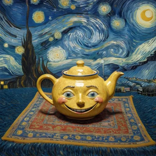 Prompt: a "smiling face teapot"  flying on a "magic carpet" in "The Starry Night" by Vincent van Gogh