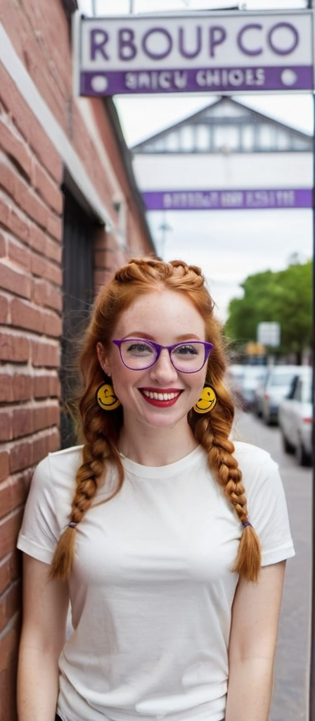 Prompt:  portrait of a smiling 27 year-old woman. green eyes. cover with dark freckle. long ginger hair ginger in a French braid.   wearing  red lipstick. purple broad rimmed eyeglasses.  1970s yellow smiley face earrings,  and  white t-shirt with a  black and yellow smiley face. photo.