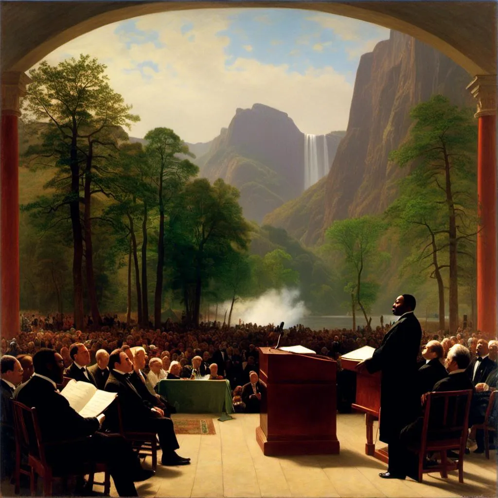 Prompt: <mymodel>painting of Martin Luther King giving a speech, Albert Bierstadt, Hudson River School, a fine art painting, UHD, 64K