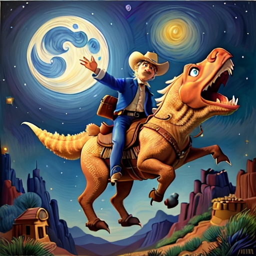 Prompt: a painting of Mark Twain wearing cowboy hat riding tyrannosaurus, that is jumping over the Moon. in the style of "The Starry Night" by Vincent van Gogh