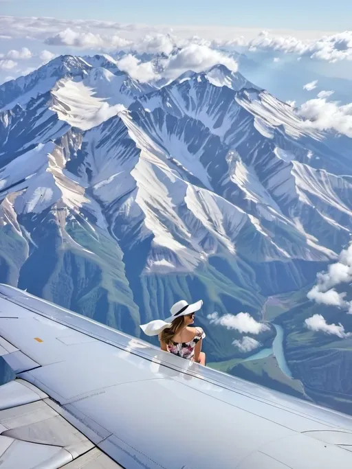 Prompt: a view of something crazy a (( 21-year-old woman in a long flower print Empire Dress with a high neck line and white hat)) is sitting on wing of the plane in flight,

