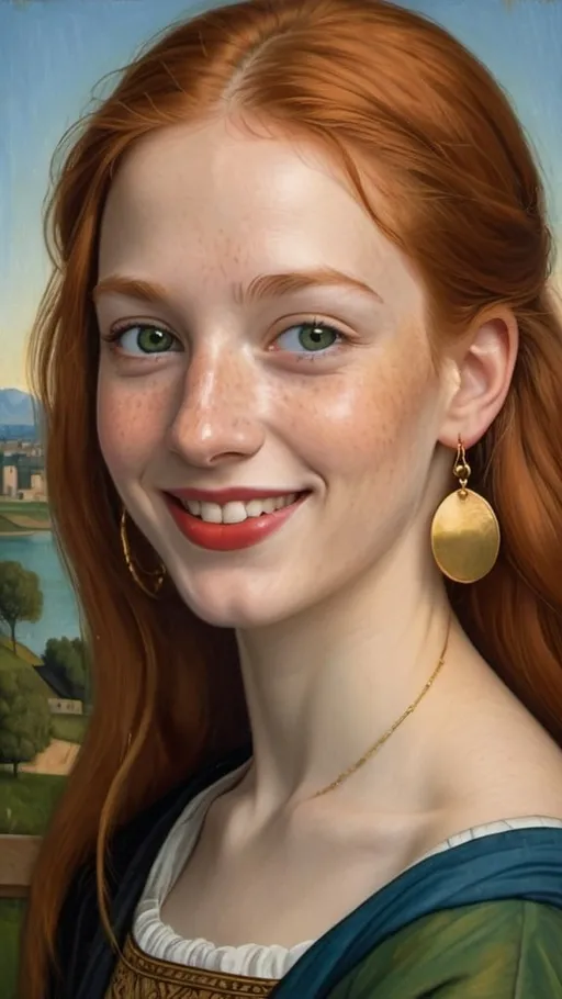 Prompt: a half-length portrait painting  of 27 year-old woman cover with dark freckle green eyes  long ginger hair red lipstick  on a smile on her face, "happy-face-gold-earrings",  T-shirt, with a green background and a blue sky, Fra Bartolomeo, academic art, renaissance oil painting, a painting in the style of  Mona Lisa