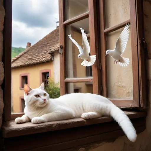 Prompt: Create an image from inside of a home of a happy [cat] lying comfortably on a ledge inside of a  [window that is wide open ].  in a [picturesque small village].
a white [dove] with its wings spread wide open, perched gracefully inside, fly over  the cat.
