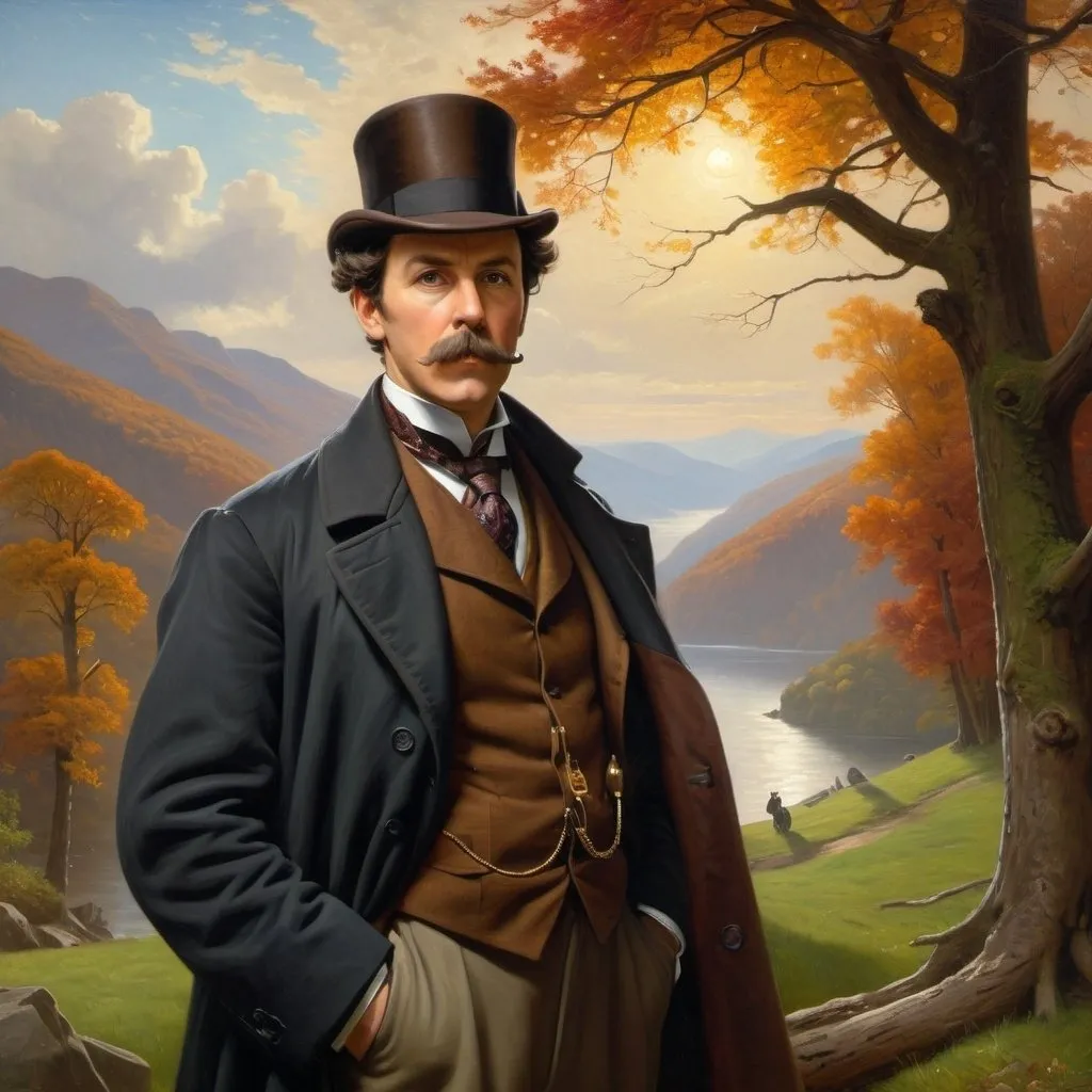 Prompt: Create a UHD, 64K, professional oil painting in the style of Albert Bierstadt, Hudson River School, depict the fictional character depict the fictional character Sherlock Holmes ( by Arthur Conan Doyle, 1887)