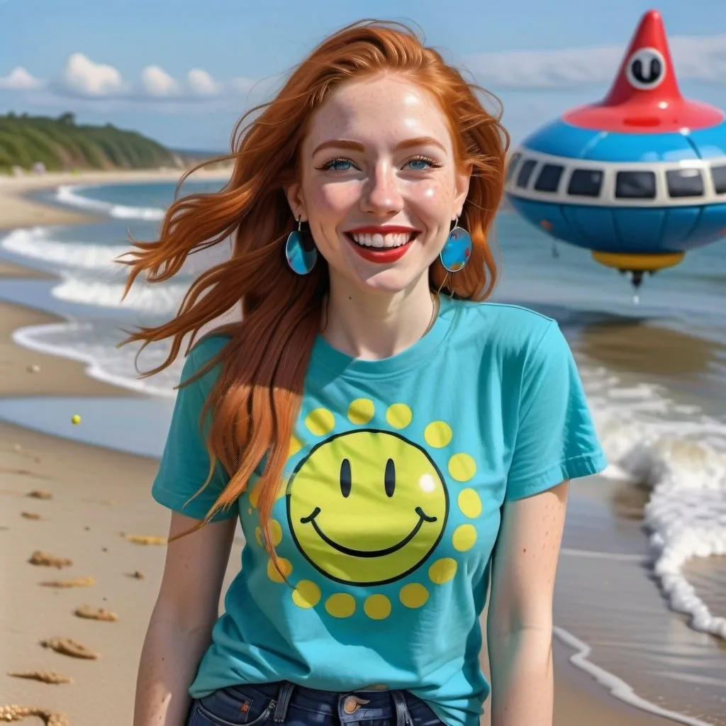 Prompt: photorealistic portrait of a [(27 year-old woman),  (cover with dark freckle), (green eyes), (long ginger hair), (red lipstick), (a smile on her face), (earrings with a smiley face on it's earring hooks), (smiley-face t-shirt), (long blue jean), (red and blue tennis shoes),]on the beach, looking very excited at an ufo