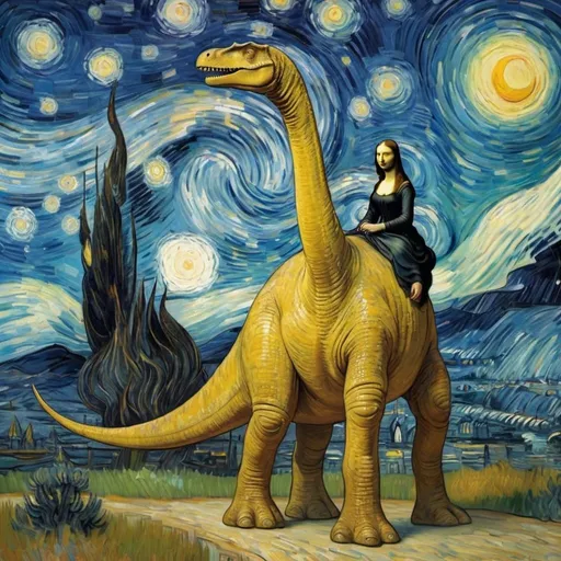 Prompt: Mona Lisa riding a Brachiosaurus in  "The Starry Night" by Vincent van Gogh