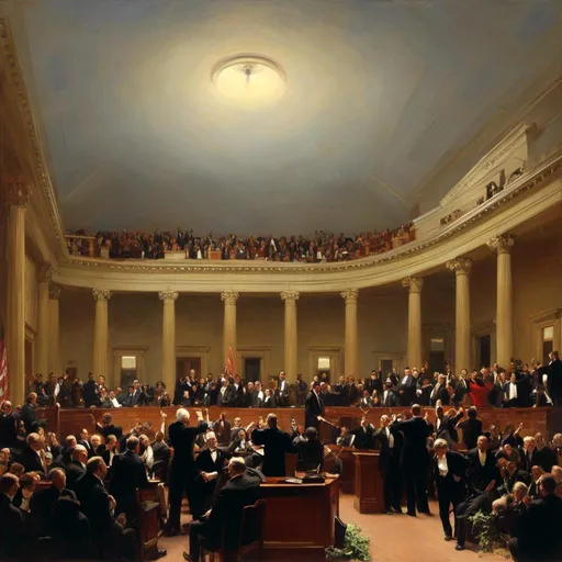 Prompt: <mymodel>Create an oil painting set in the year 1890, capturing the moment when members of a state house of representatives are celebrating the end of their biannual session. The Speaker of the House is striking the gavel, declaring the House adjourned "sine die." The scene is filled with the atmosphere of relief and jubilation.

In the painting, the Speaker stands at the front, mid-motion, as he strikes the gavel on the wooden podium. The representatives, dressed in period-appropriate attire of the late 19th century, are reacting with joy, clapping, shaking hands, and some even throwing their hats in the air. The grand hall is adorned with elaborate woodwork, chandeliers, and large windows allowing natural light to flood in. The walls are lined with portraits of notable figures and flags, adding to the historic and celebratory ambiance