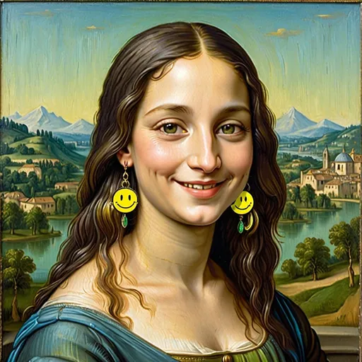Prompt: a painting of Mona Lisa  long hair, on a smile on her face "yellow smiley face earrings", with a green background and a blue sky, Fra Bartolomeo, academic art, renaissance oil painting, a painting  