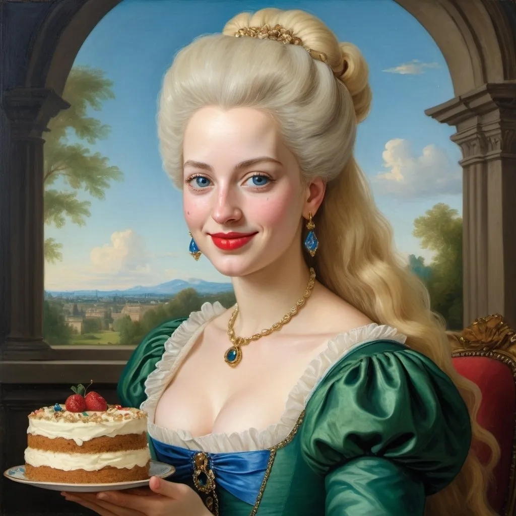 Prompt: a half-length portrait painting  of Marie Antoinette cover with dark freckle blue eyes  long blonde hair red lipstick  on a smile on her face, "gold earrings",  renaissance dress, eating cake, with a green background and a blue sky, Fra Bartolomeo, academic art, renaissance oil painting, a painting in the style of  Mona Lisa