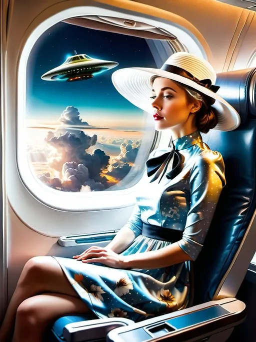 Prompt: a   21-year-old woman in a long flower print Empire Dress with a high neck line and white hat, sitting on an airplane seat with a hat on her head.

The woman is  having a nightmare about her work. 

UFO in the window in the background with a window, 